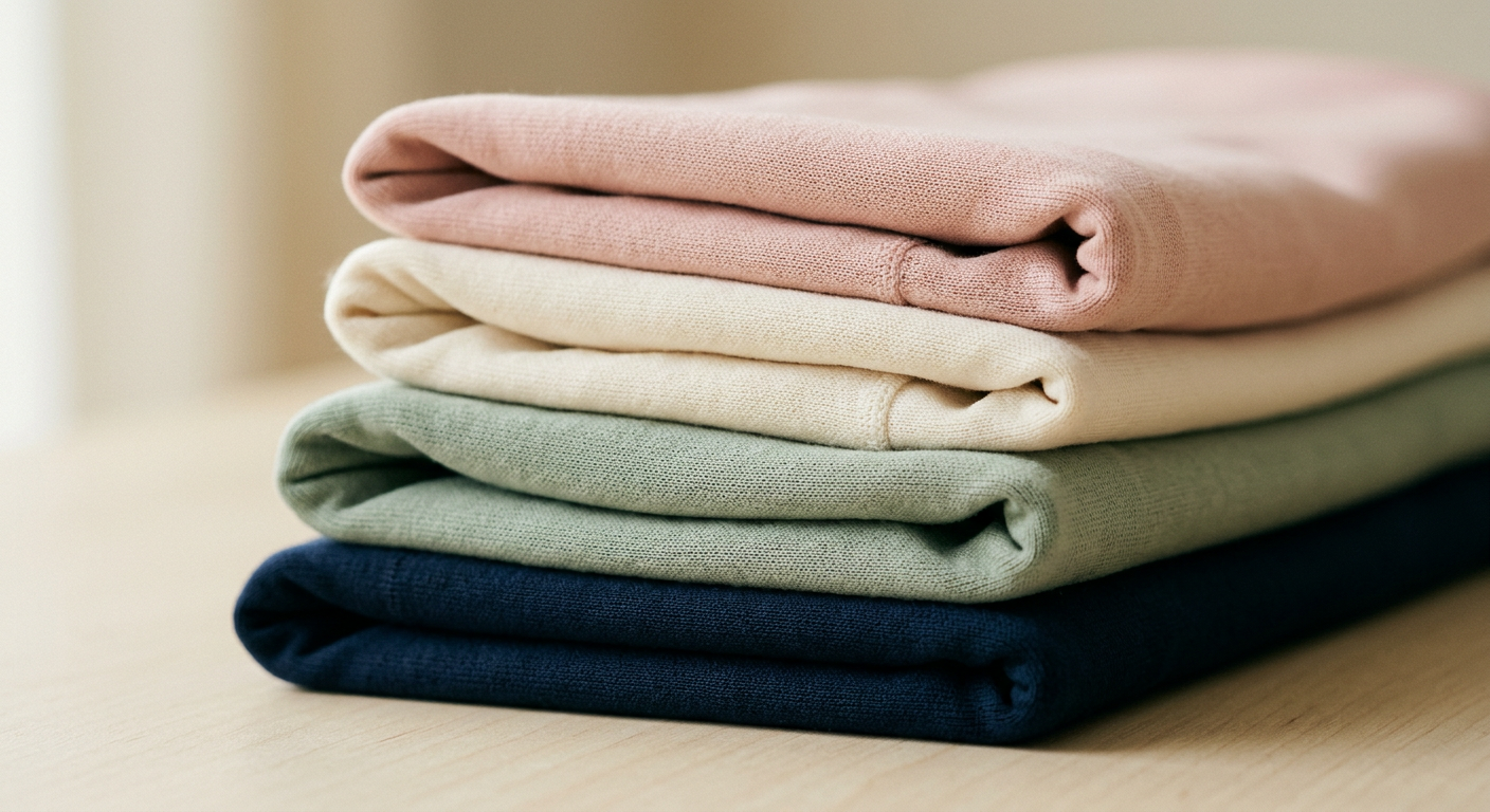 Close-up of folded activewear fabric in sage, blush, and ivory